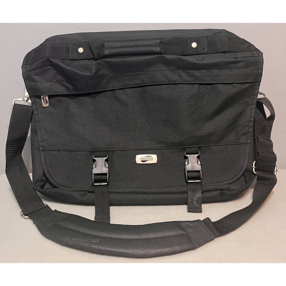 American Tourister Black Nylon Messenger Bag Laptop Briefcase Organizer Travel